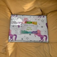 Kids Zone Sheet Set Full 4 PC Unicorns Stars Multi Flat Fitted 2 Pillowcases New