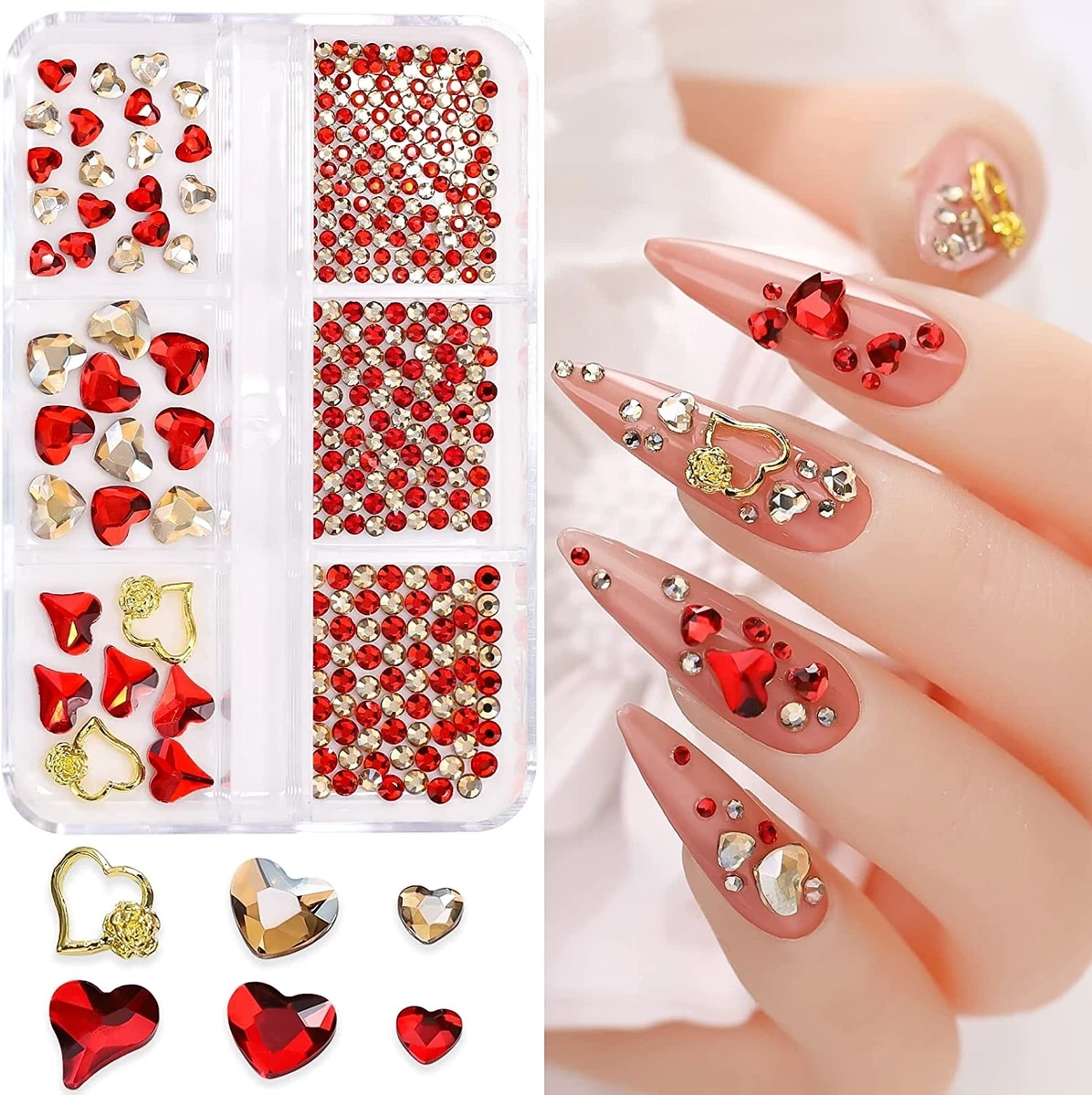 Valentine gift girl red heart nail art love nail gem nail red gold round  bead