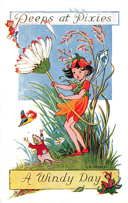 A/S LR STEELE PEEPS AT PIXIES FAIRY FLOWER WINDY DAY 1930s POSTCARD 061125 U