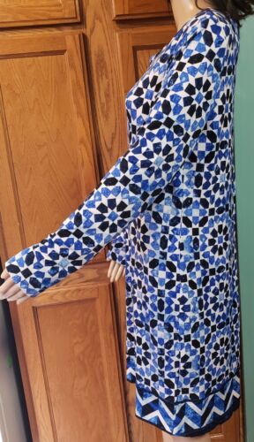 Michael Kors dress blue white Geometric polyester spandex long sleeve Sz MED - Picture 3 of 11