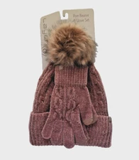 Layer 8 Chenille Knit Pom Beanie Hat and Glove Set Rust New!