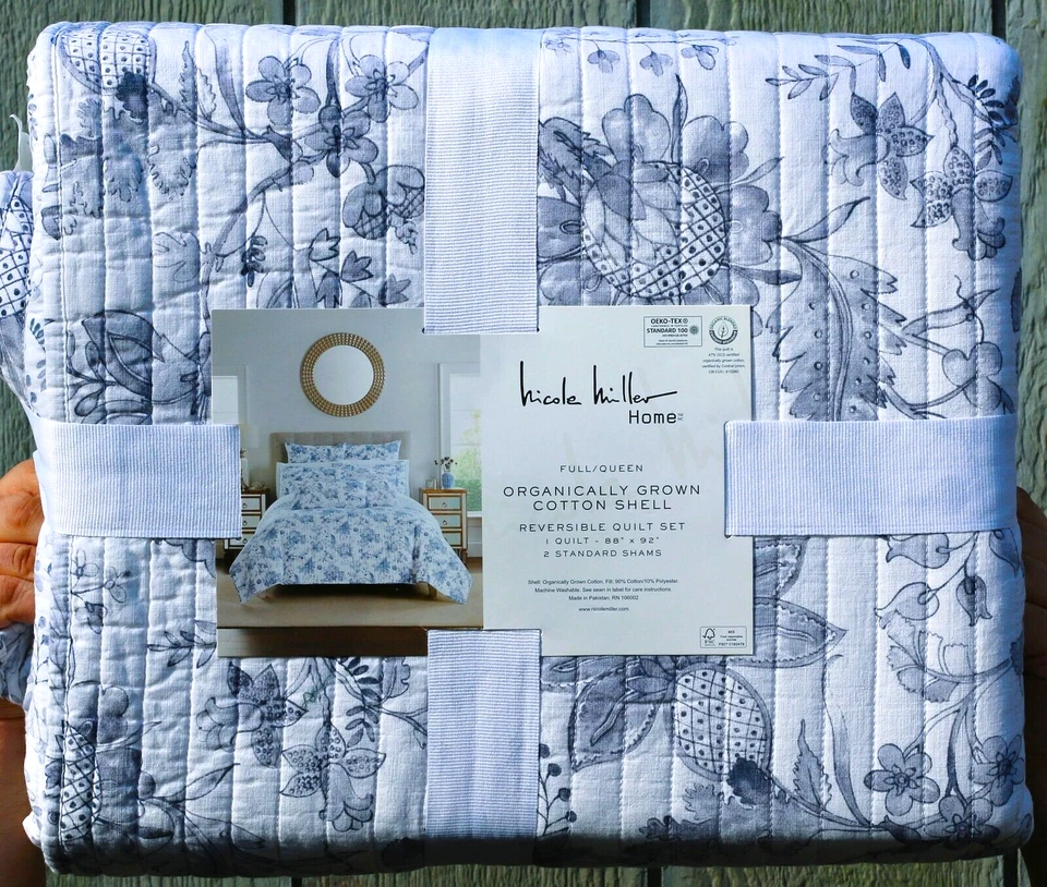Nicole Miller Juego Completo de Edredón Queen Reversible Floral Cambray Azul Orgánico Cotto Foto 2 de 4