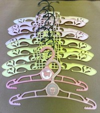 Lot 10 Vtg CHILDS PLASTIC Clothing HANGERS Pink Yellow BEAR Lamb Sanitoy 10-12"