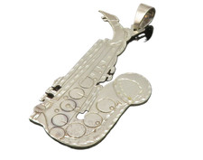 925 Sterling Silver Vintage Shiny Etched Saxophone Instrument Pendant PT10332