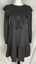 MNG mango Adelina Drop Waist dress women Size 2 Black  Flared Hem Long Sleeve
