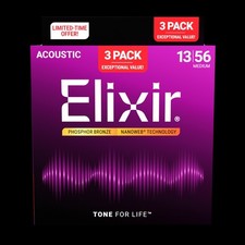 Elixir 3-Pack Phosphor Bronze Nanoweb Acoustic Strings - 13/56 Medium