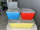 Vintage 1950's PYREX 8pc Refrigerator Dish Set Prim Colors RED-BLUE-YELLOW-LIDS