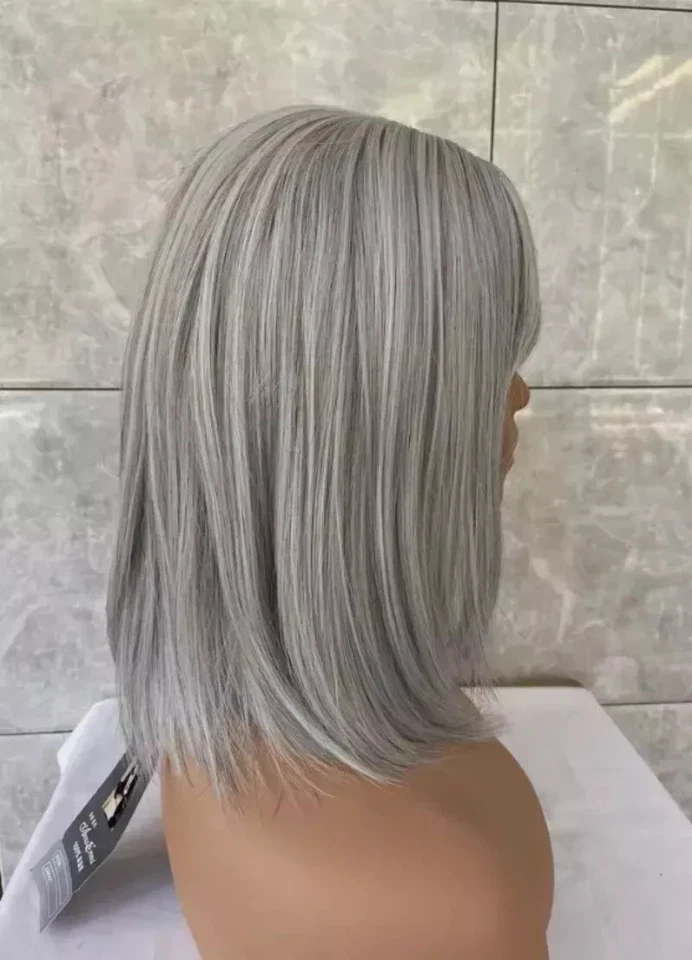Novo Sal e Pimenta Curto Estilo Bob Cabelo Sintético Feminino Vovó Perucas Sem Capuz - Imagem 3 de 4