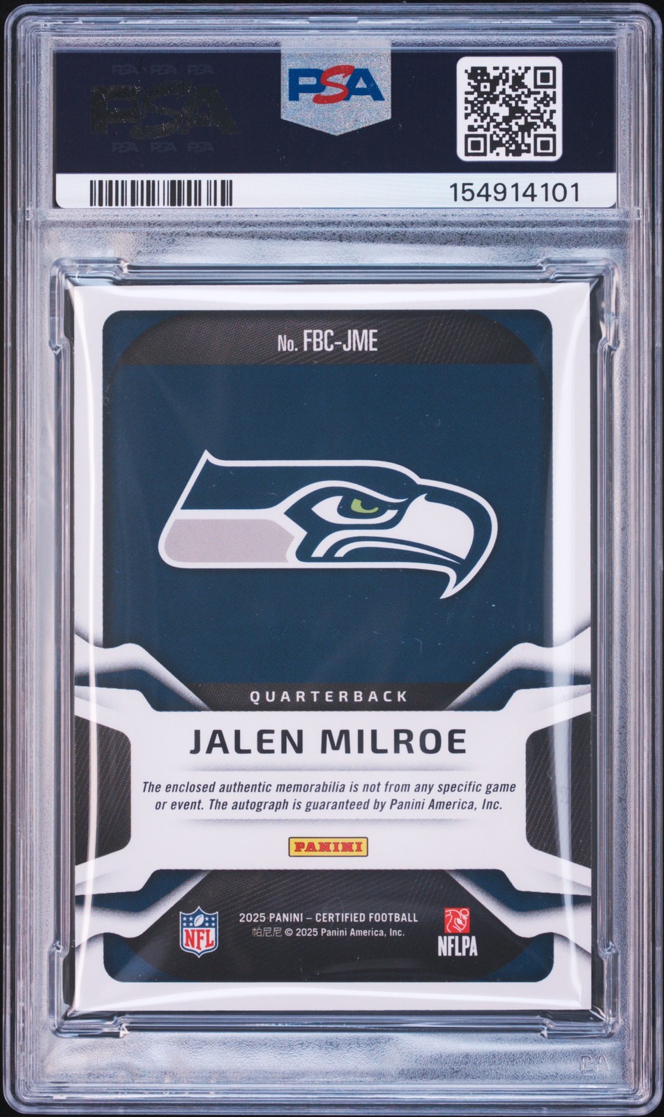 2025 PANINI CERTIFIED FRESHMAN FABRIC SIGNATURES JALEN MILROE 12/25 PSA 9 AUTO view 2