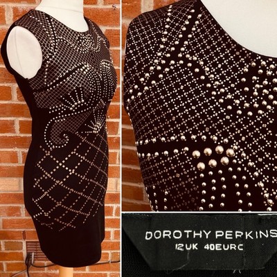 DOROTHY PERKINS Size 12 Black Silver Studded Dress Wedding Summer Excellent S8