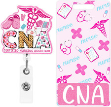 CNA Badge Reel and Buddy, Pink Retractable ID Holder and Glitter Badge Card for
