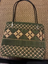 Vintage 60s Layered Crochet Purse Woven Flowers Metal Silver To Attach Handles