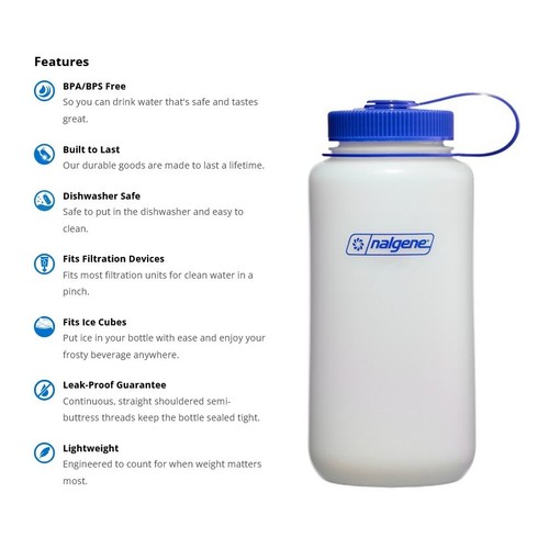 NALGENE WIDE MOUTH 32oz / 1L HDPE ULTRALITE WATER BOTTLE MADE IN USA - Picture 5 of 8