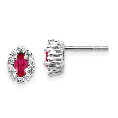 Ovale Halo-Ohrringe 14 Karat Weißgold Diamant und Rubin