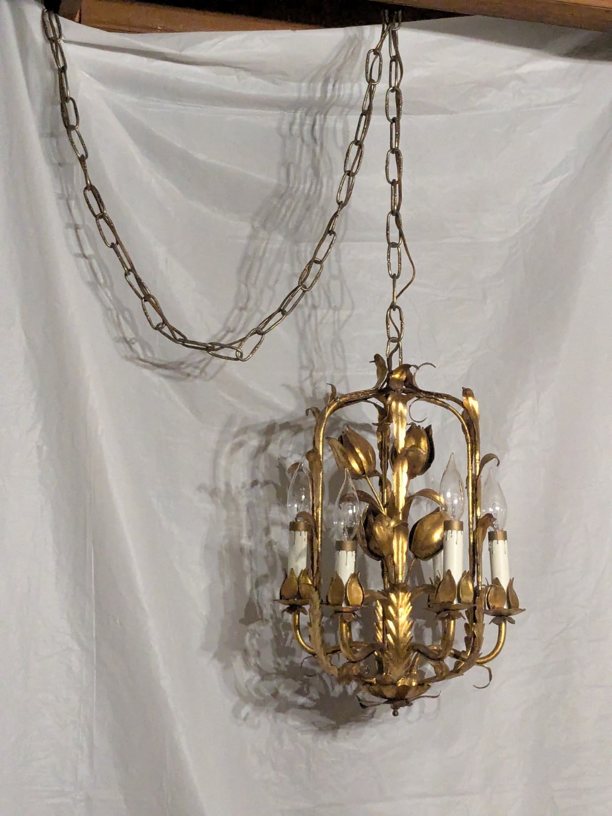 Italian Gilt GoldTole Italy Swag Light  Chandelier Hollywood Regency Mid Century