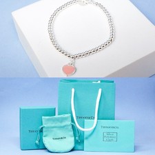 Tiffany Bracelet Silver Beaded Mini Pink Heart Charm With Gift Box Set Size 18cm