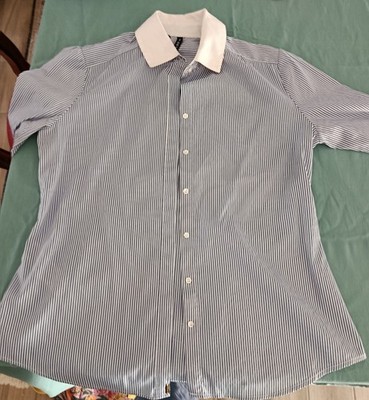White and blue striped shirt, size M, ideal for work, with white collar and
