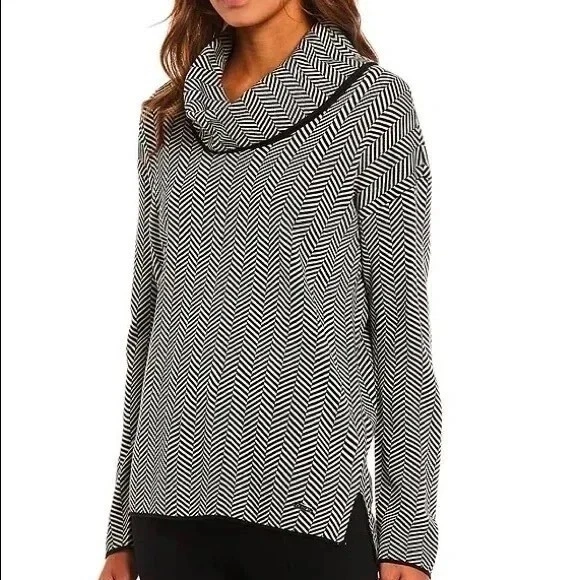 Suéter túnica Chevron cuello capucha XL negro blanco manga larga Calvin Klein para mujer Foto 2 de 4