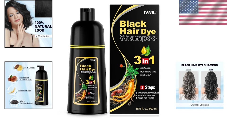 Champú tinte para cabello negro 3 en 1 para cobertura gris instantánea - Fórmula sin parabenos Foto 2 de 4