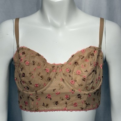 Aerie Show Off Strapless Bra 36C Tan Embroidered Flowers Unlined Underwire