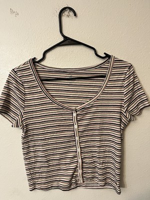 Hollister Crop Henley Multicolor Striped Top Women’s M Lettuce-Edges