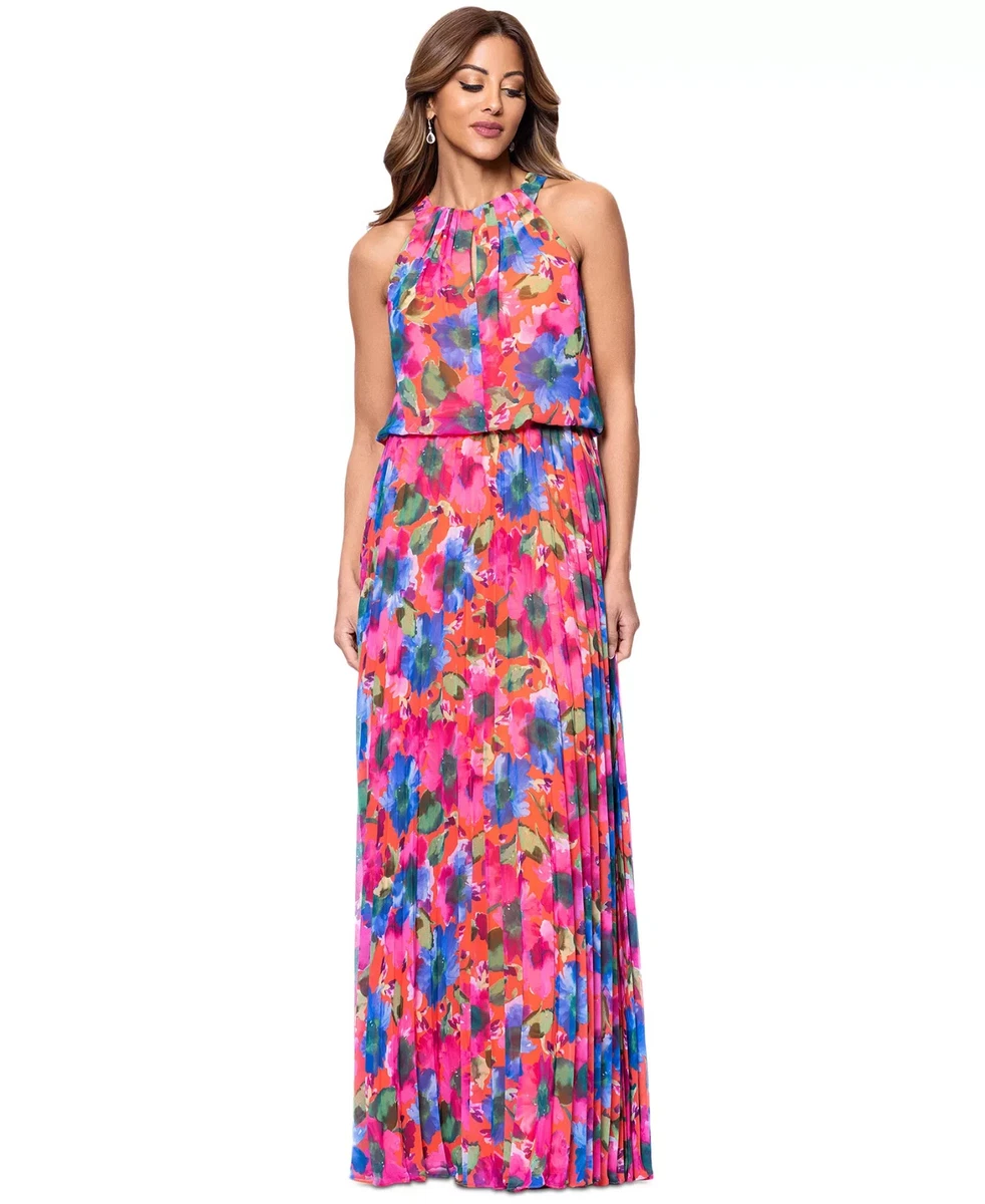 sachin and babi light blue dress Xscape Women's Illusion Printed Pleated Chiffon Gown (4, Black/White/Pink)  - Bed Bath & Beyond