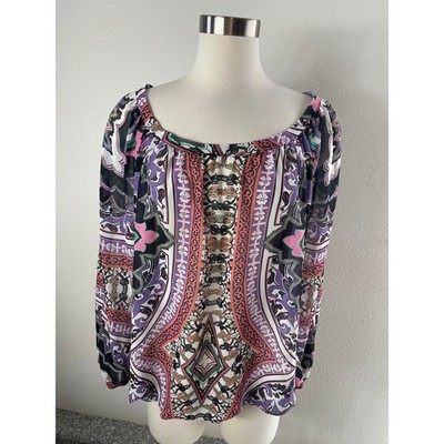 Hale Bob Womens Large Geometric Print Cutout Long Sleeve Blouse Shirt
