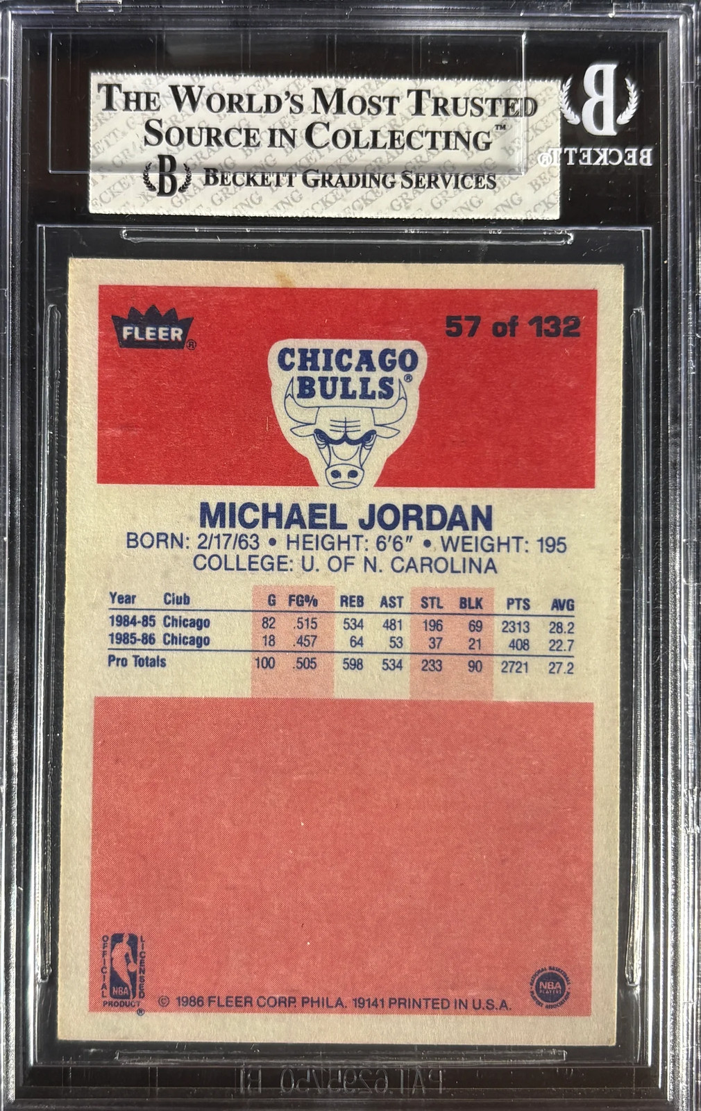 1986 Fleer #57 Michael Jordan RC Rookie BGS 7.5 NM+ w/ 9.5 Centering view 2