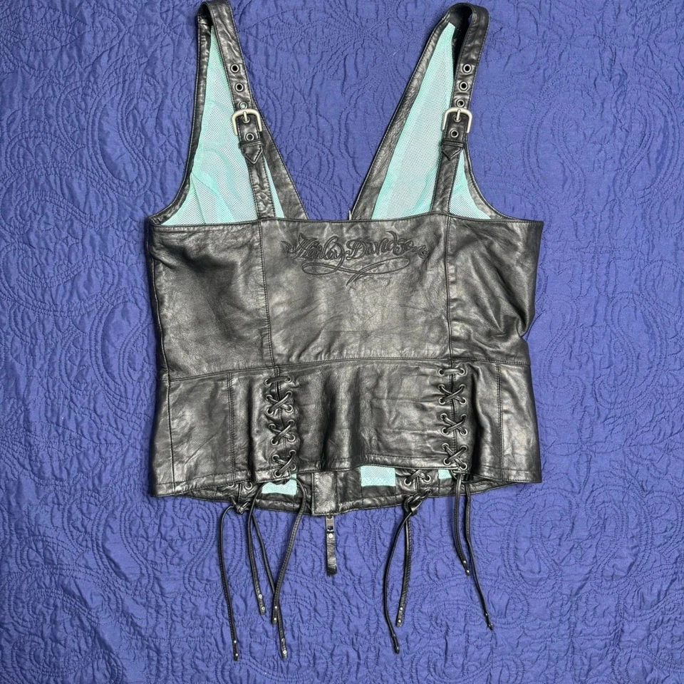 Harley Davidson Black Leather Vest Corset Lace Up Biker Top Women's  ? Read - Image 4 of 4