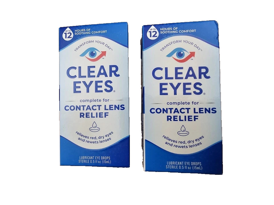 2 Clear Eyes Contact Lens Relief Eye Drops, 0.5 Fl Oz Exp 02
