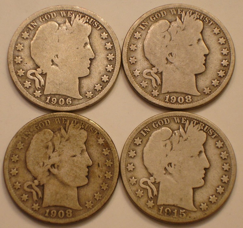 1906-O, 1908-O, 1908-S & 1915-S Barber Half Dollars