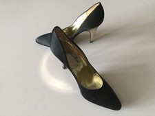 Vintage 1970's Garolini D'Orsay Heels. New. Black Satin with Gold Heels. S 5.5 M