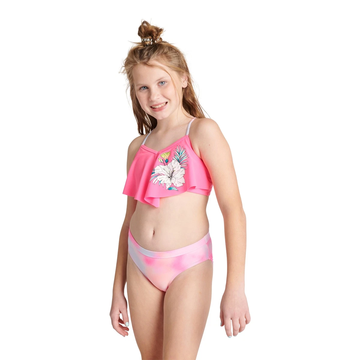 Justice Girls 2 Piece Flounce Top Bikini Swimsuit, Size XL (16/18) Color  Pink