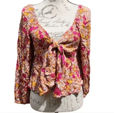 Patrons of Peace -583 NWT Terracota Floral Long Sleeve Front Tie Blouse Small