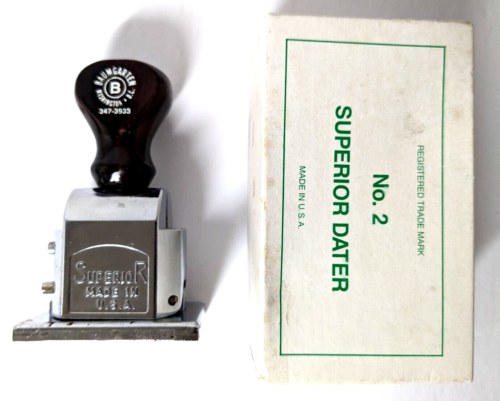 Vintage Wooden Handle SUPERIOR Rubber Stamp "Jan 11 1988" w/ box, BAUMGARTEN