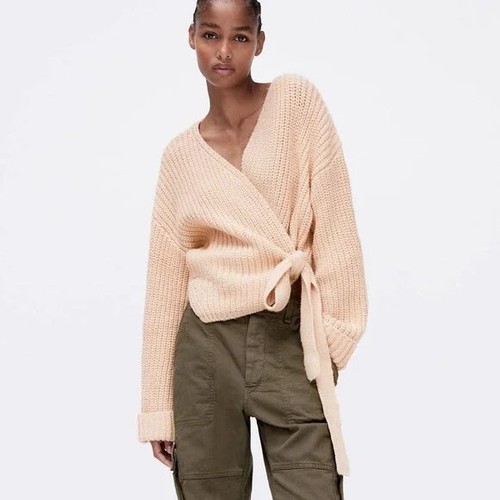 ZARA LIGHT PEACH-COLOURED V-NECK WRAP KNIT CARDIGAN WITH TIE DETAIL SIZE S - Picture 8 of 22