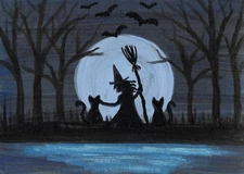 ACEO Mini **Art Print** Black Kitty Cats Kittens & Halloween Witch by Saulite