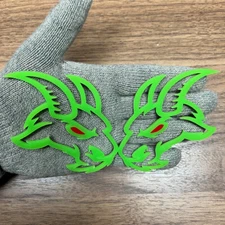 Goat  Badges Emblem Lime Green Red Eye,  2 Badges, Fender Angry Agressive Racing