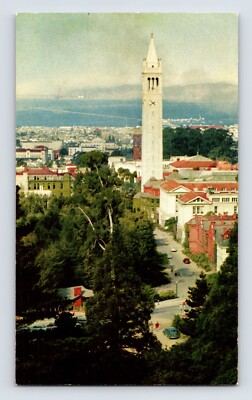 Postcard California Berkeley CA University Campanile Gray Line Bus 1950s Chrome