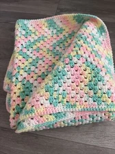 Crocheted Baby Blanket Throw Afghan Handmade Pastel Yellow Green Pink 47x50