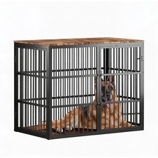 Large Dog Crate Furniture Wooden End Table with 3 Lockable Doors Metal Frame