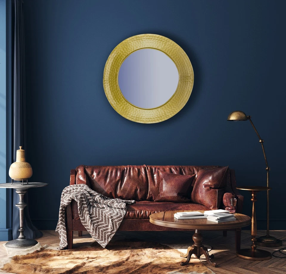 FineBuy Miroir Murale Métal 60 cm Mur Couloir Grand Doré Rond Cadre Martelé - Photo 2/4