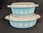 TWO - Vintage Turquoise Snowflake Pyrex With Lids