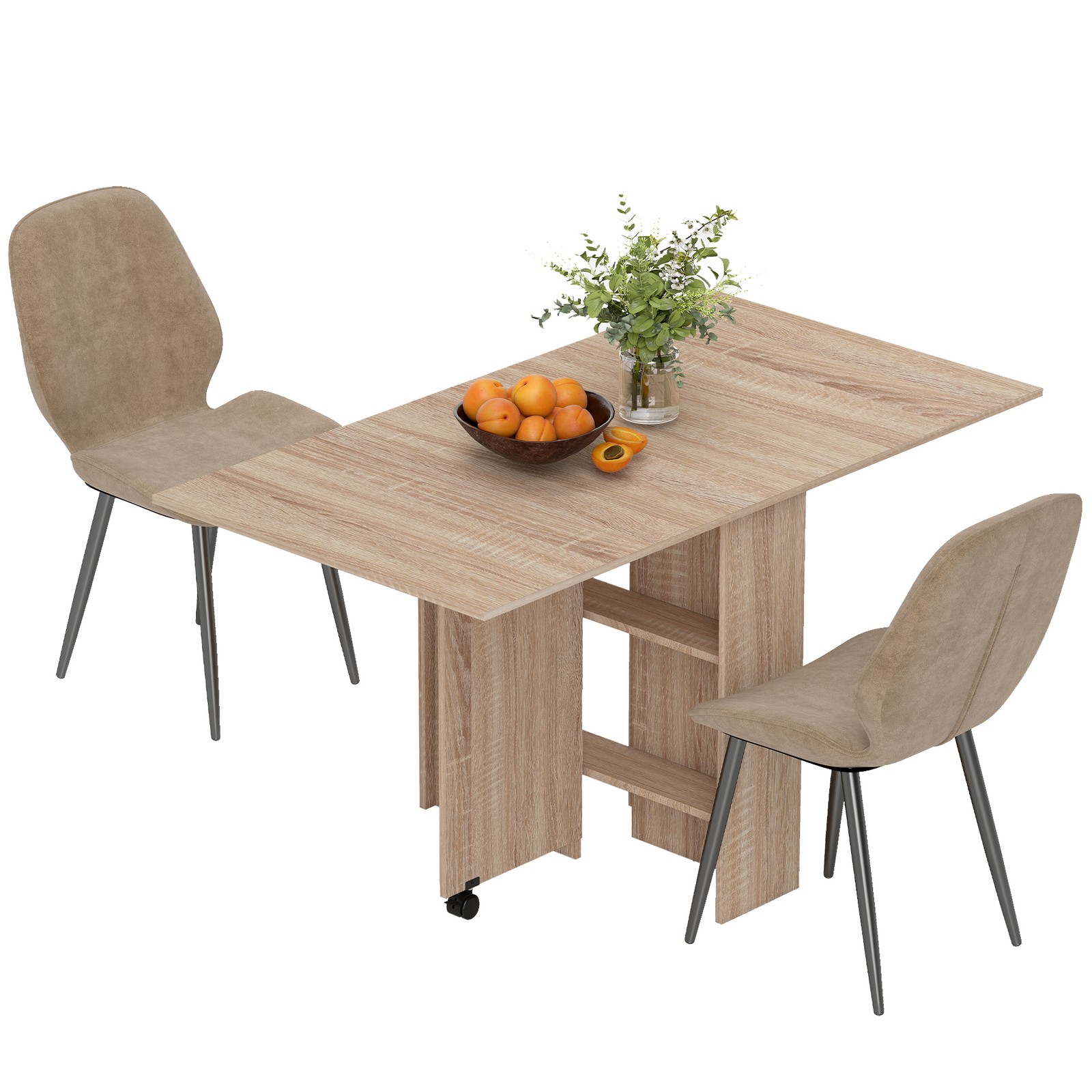 Modern Folding Dining Table, Expandable Kitchen Table with 2 Storage Racks and Wheels, Space Saving Drop Leaf Table for Kitchen/Living Room/Home Office-1.4M 21 HOMCOM Dining Table Set, Folding Kitchen Table with Storage, 2 Chairs