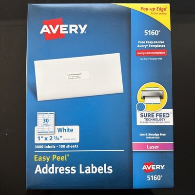 Avery 5160  Easy Peel Address Label- 1''  X 2.62'' (2-5/8'') LASER Permanent-3000ct