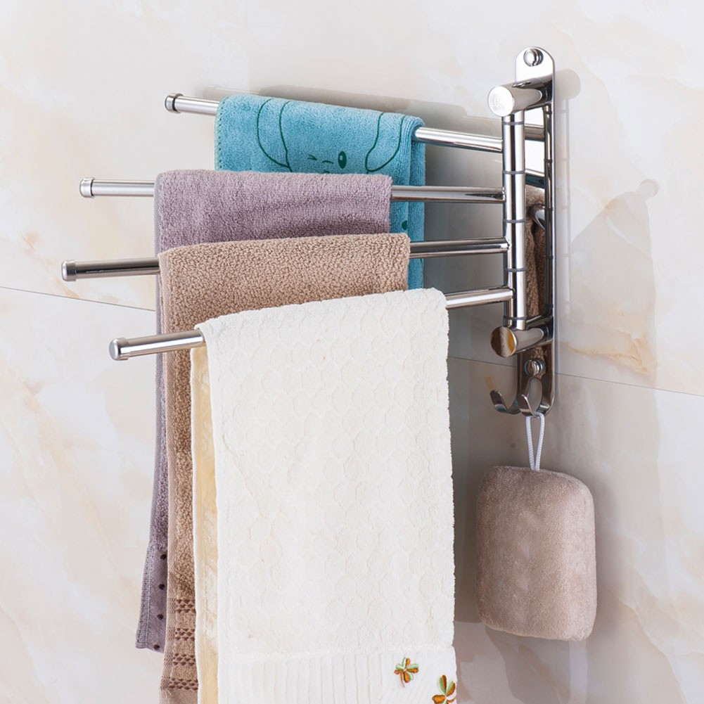 WallHanging Stainless Steel 180° Rotating Towel Rack Hanger With 4 Rods For