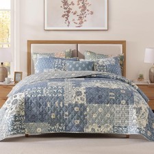 King Size Quilt Set 3 Pieces Patchwork Blue Quilt Bedding Set Lightweight King