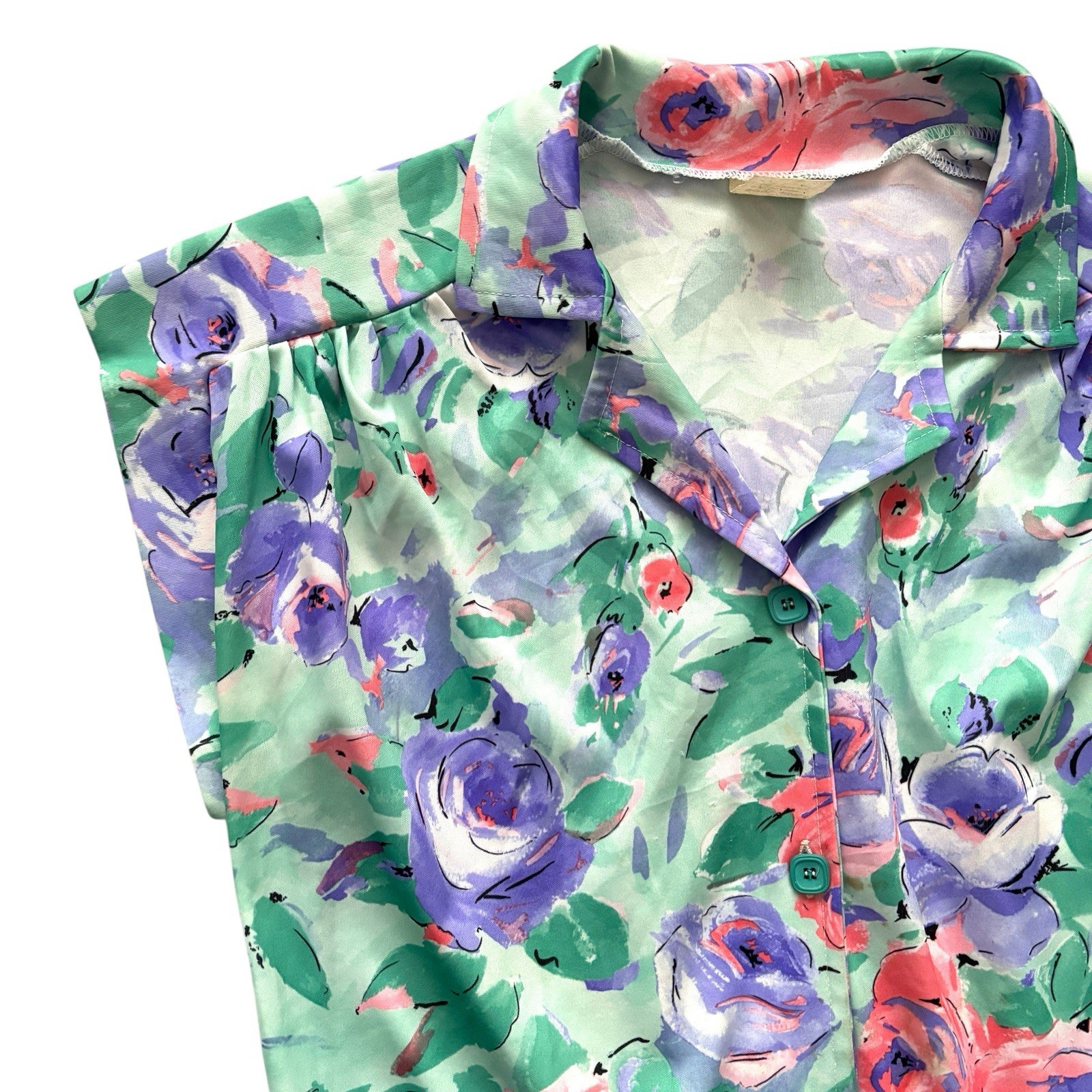 Vintage 80s Dress Aqua Floral Print Capped Sleeve Retro Indie 12 image 3