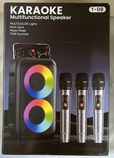 KARAOKE T-08 PORTABLE PARTY WIRELESS BLUETOOTH SPEAKER W/3 MICROPHONES, NEW    