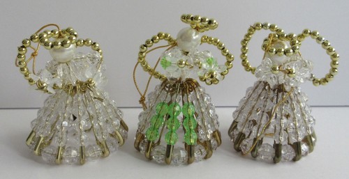 Handmade Beaded Safety Pin Angel Christmas Ornaments Lot of 3 Vintage Pearl Head